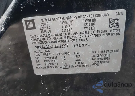 2016 Chevrolet Equinox Lt z USA, uszkodzony, nr VIN 2GNALCEK7G6322277